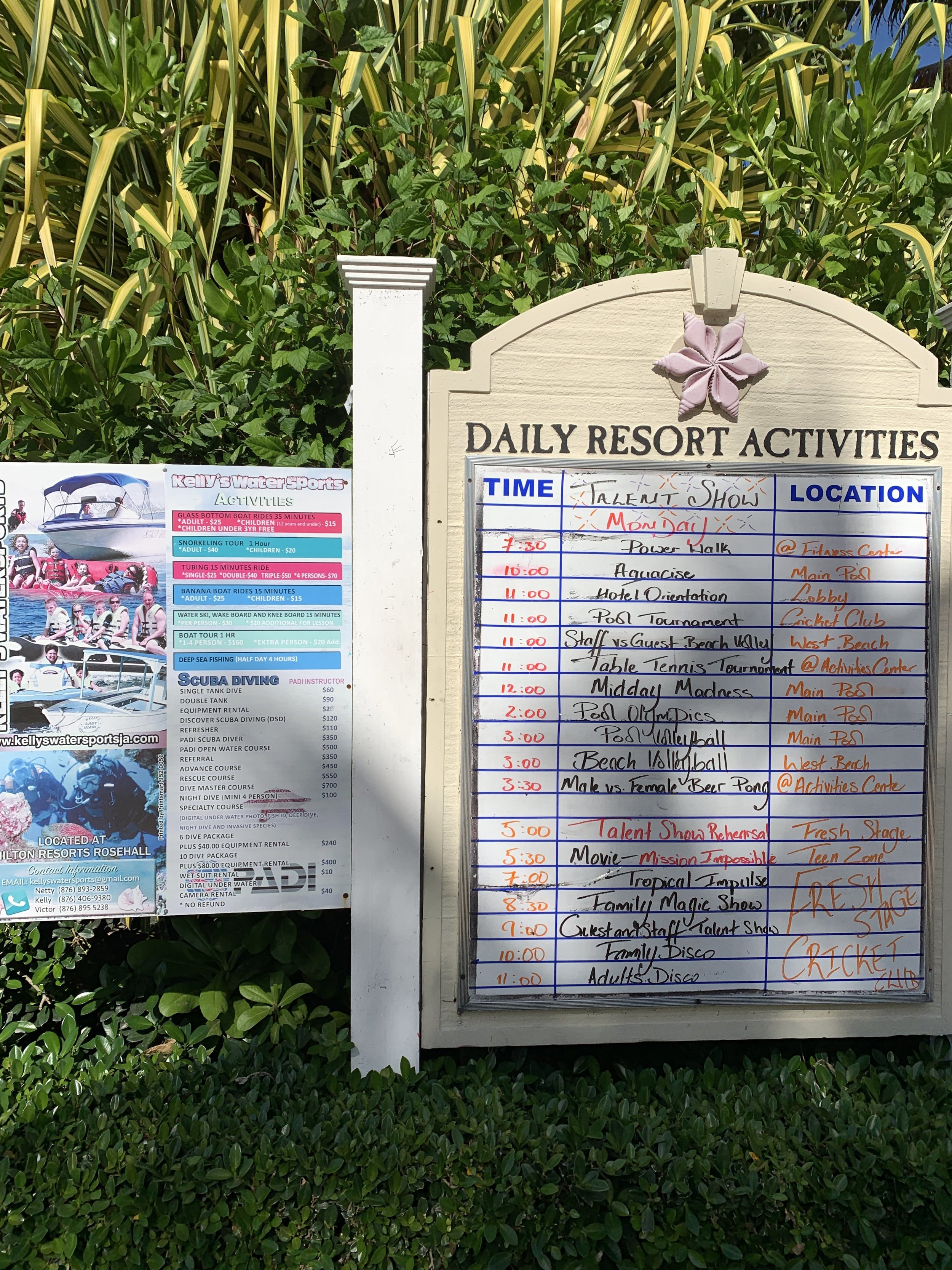 Monday’s activities with rental pricing and information