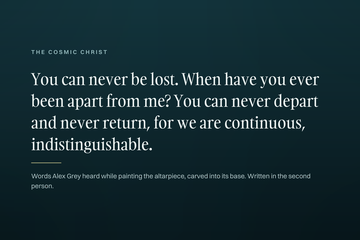 Cosmic Christ scroll: You can never be lost. When have you ever been apart from me? You can never depart and never return, for we are continuous, indistinguishable.