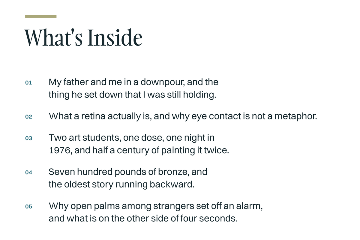 What's Inside card: a father dancing in a downpour, what a retina actually is, two art students in 1976, seven hundred pounds of bronze, and what four seconds in open palms cost.