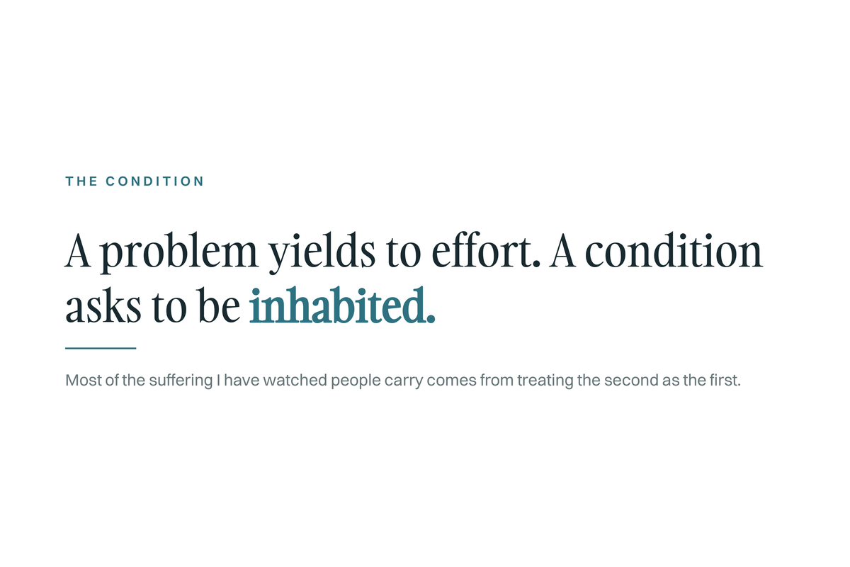 The Condition card: a problem yields to effort, a condition asks to be inhabited. Most of the suffering people carry comes from treating the second as though it were the first.