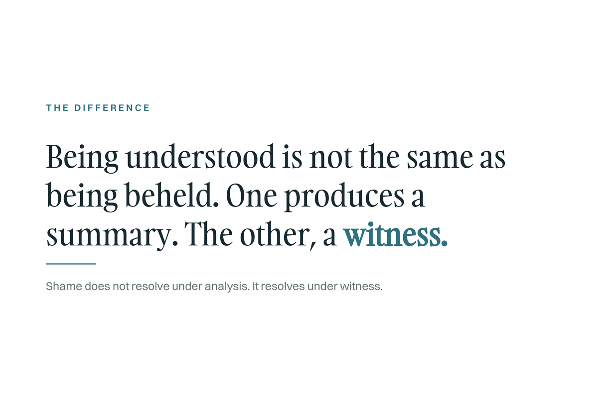 The Difference card: being understood is not the same as being beheld. One produces a summary, the other a witness. Shame does not resolve under analysis, it resolves under witness.