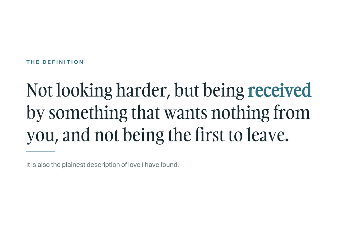The Definition card: beholding is not looking harder but being received by something that wants nothing from you, and not being the first to leave. The plainest description of love.