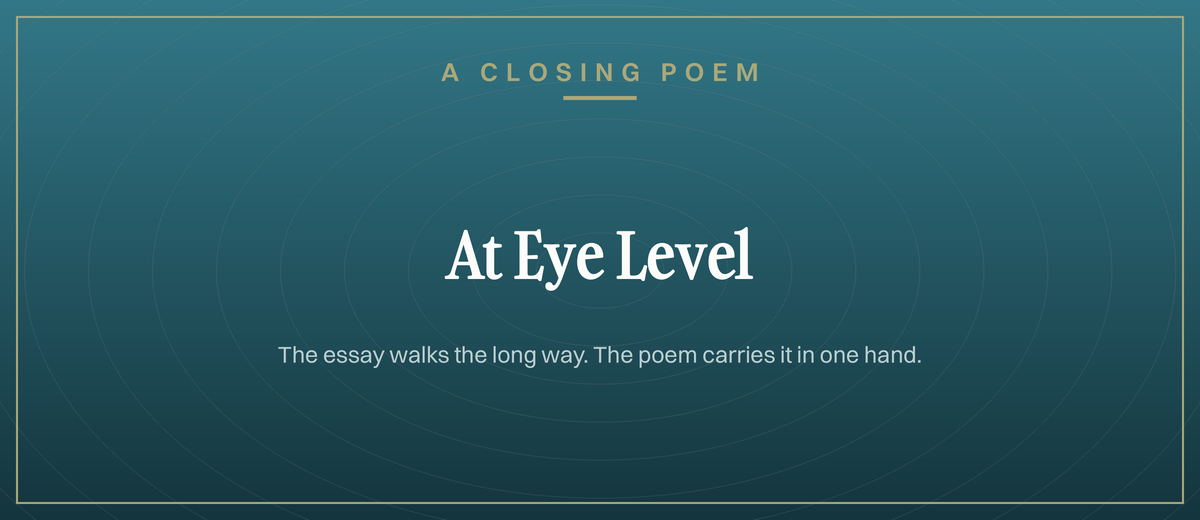 A Closing Poem plate in teal with faint concentric rings inside an olive frame, titled At Eye Level. The essay walks the long way, the poem carries it in one hand.