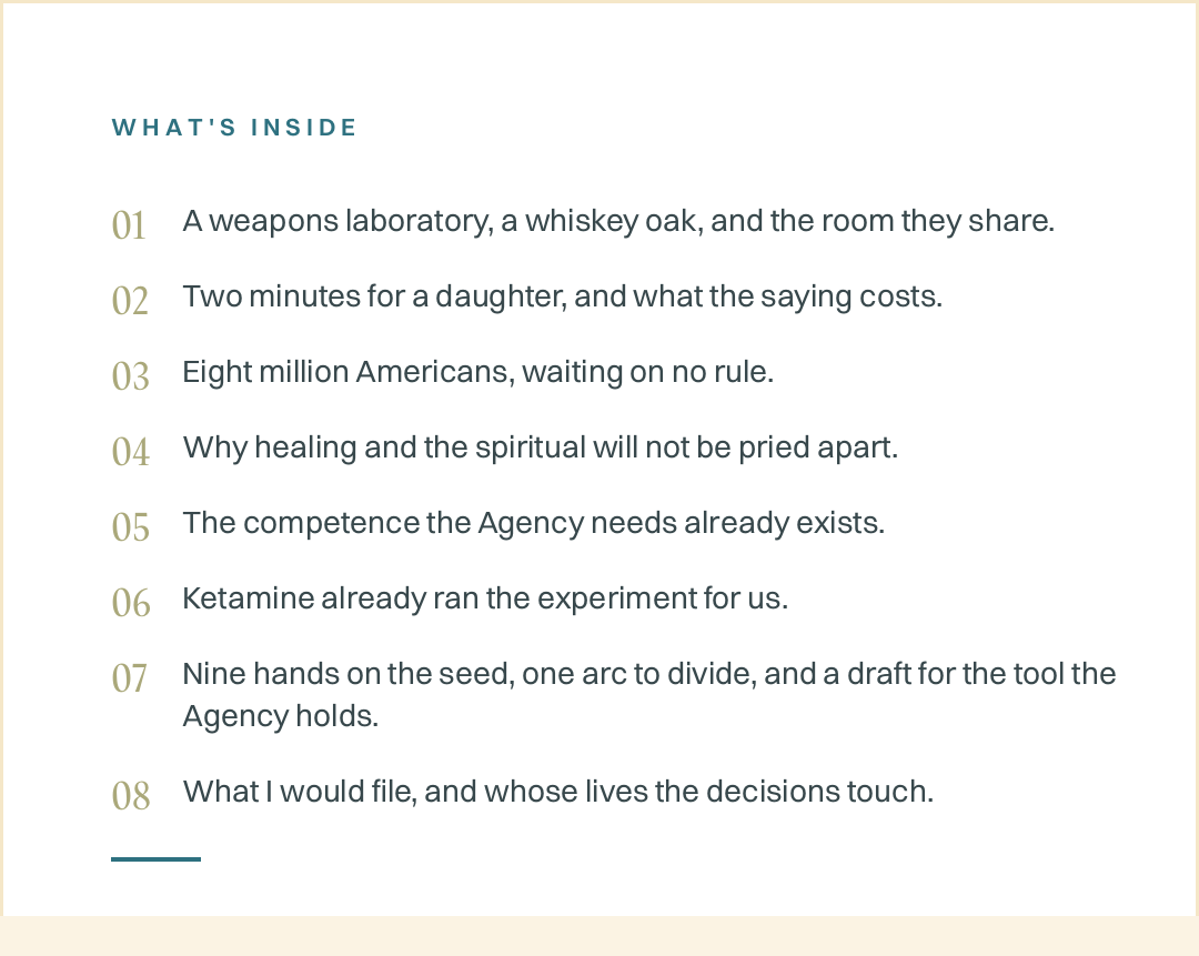 What's inside, eight items: the room named for a tree, who could not speak, eight million Americans, healing and the spiritual, the competence already exists, ketamine's experiment, nine hands and a REMS draft, what I would file.