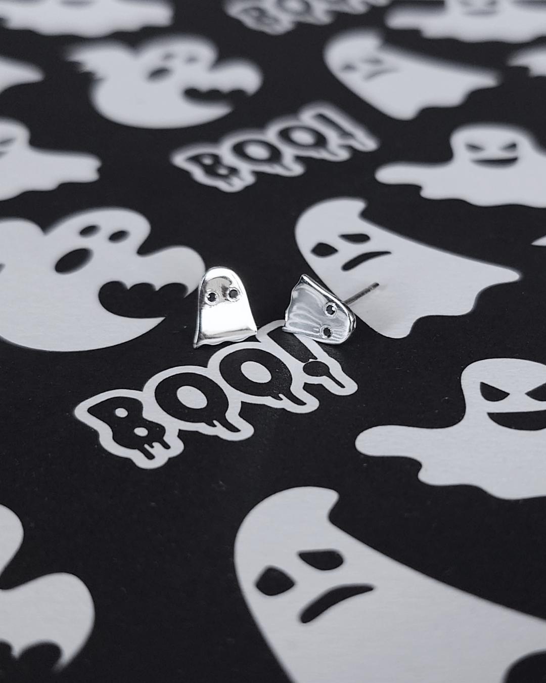 Tiny Silver and Black Diamonds Ghost Studs