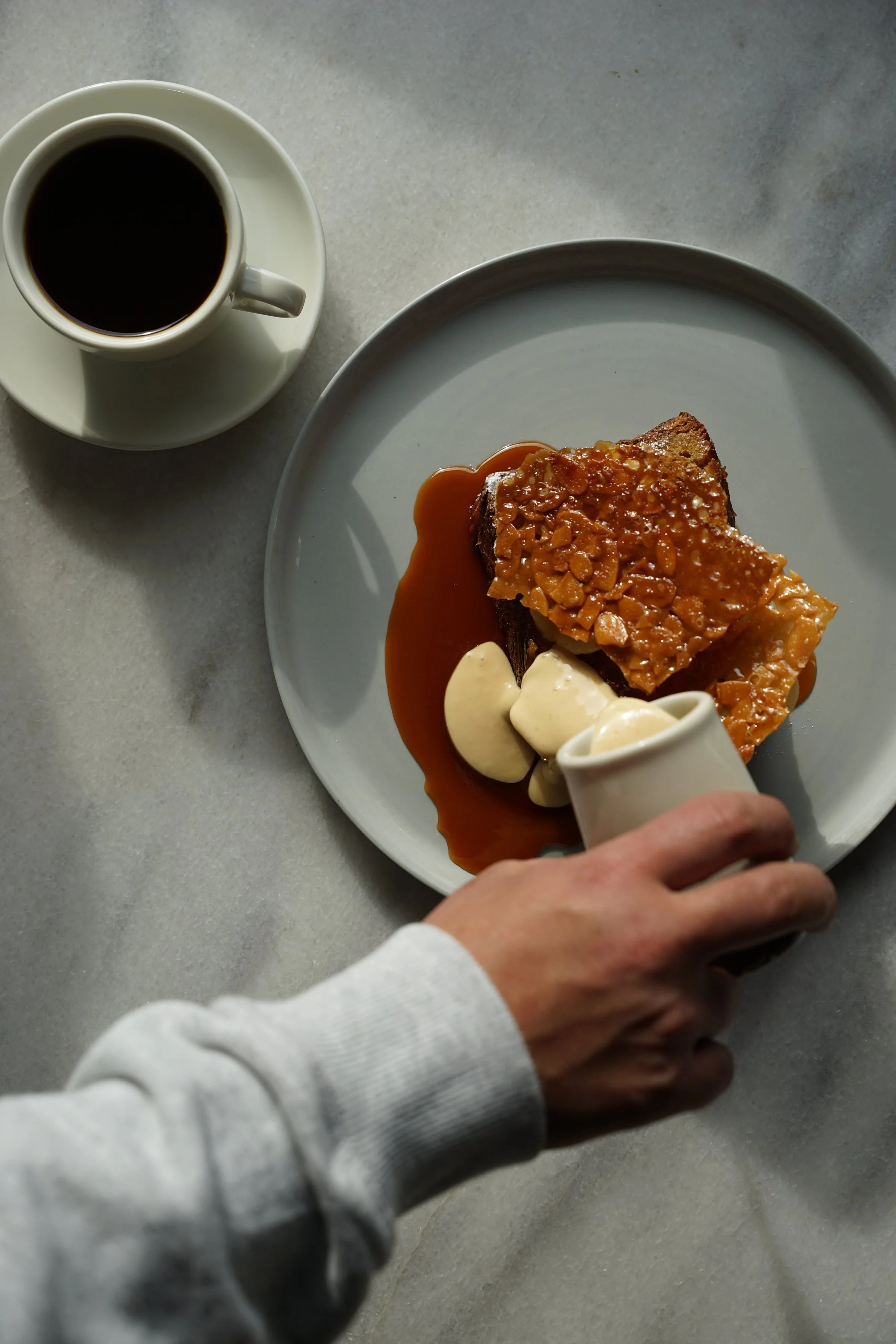  French Toast w. Poached Pears, Almond Crisp, Caramel Sauce &amp;  Creme Anglaise 