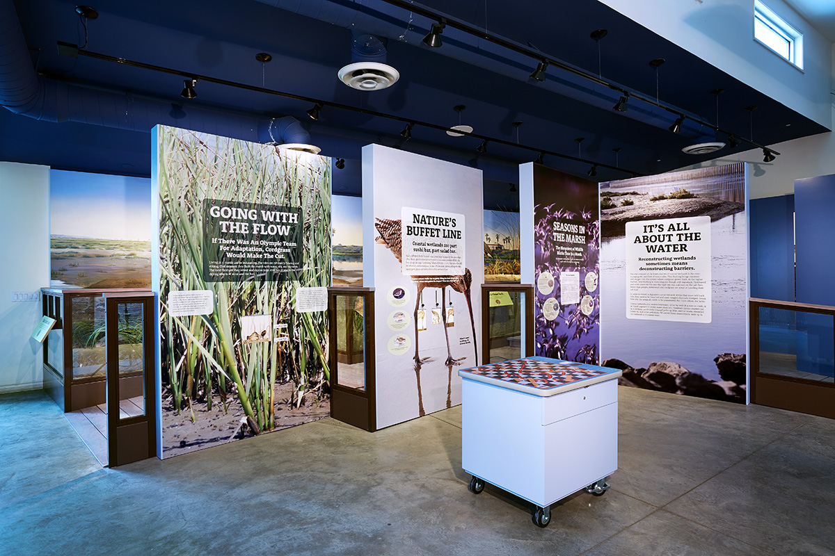 Large graphic panels feature interactive elements, and a table top game about wetland inhabitants engages visitors in hands on participatory learning.