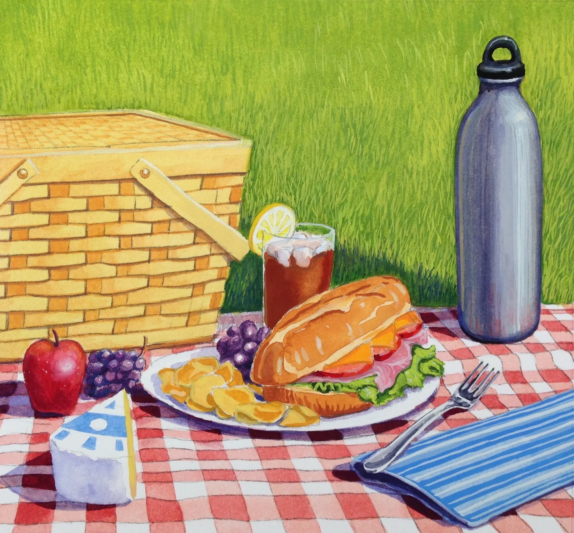 Picnic scene. China Camp State Park graphic panel. Gouache.