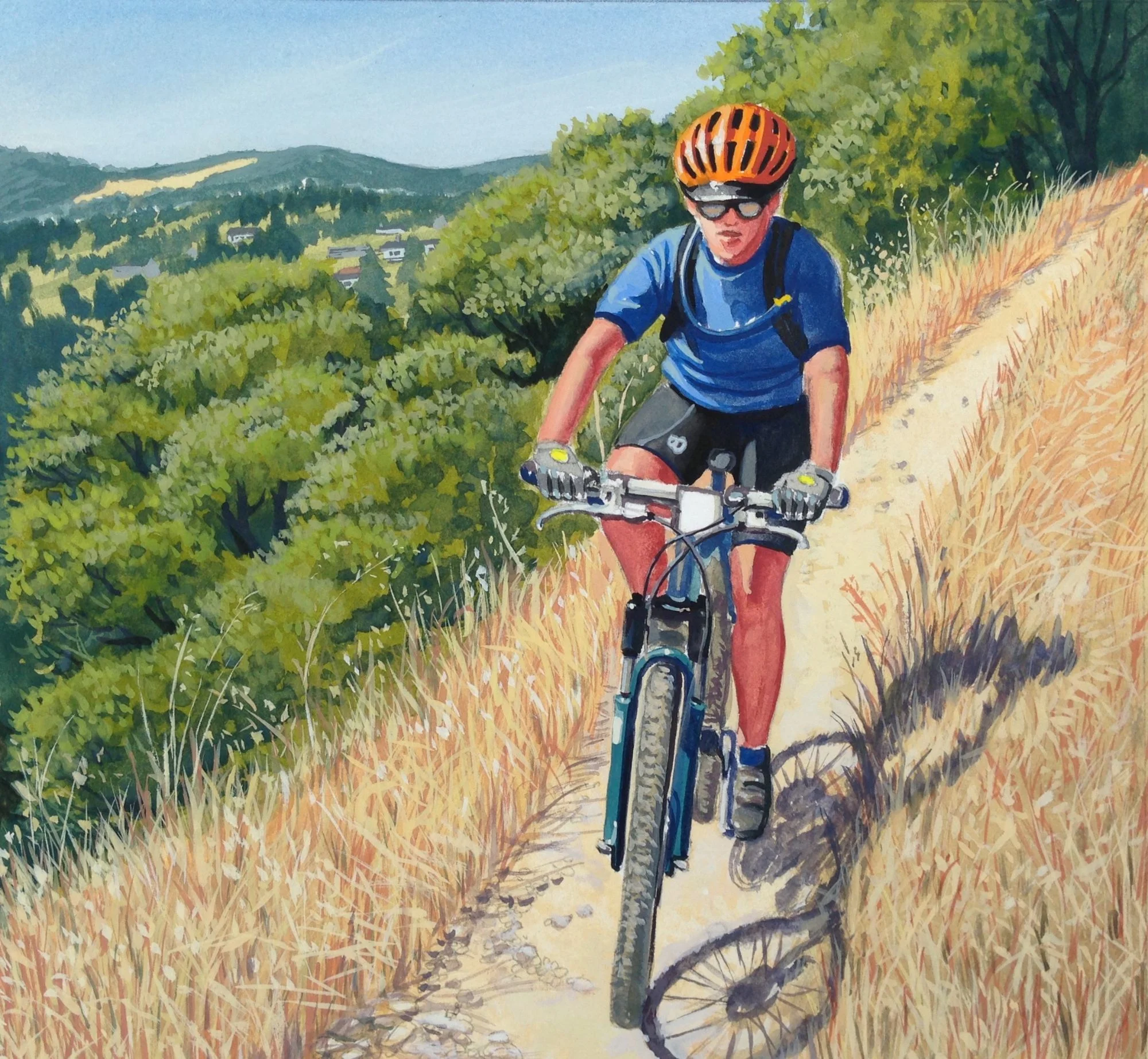 Mountain biker. China Camp State Park graphic panel. Gouache.