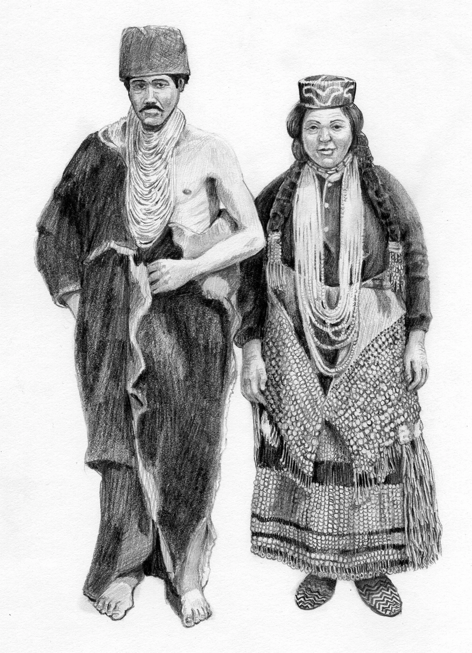 Couple in dance regalia. Wiyot Museum graphic panel. Pencil.