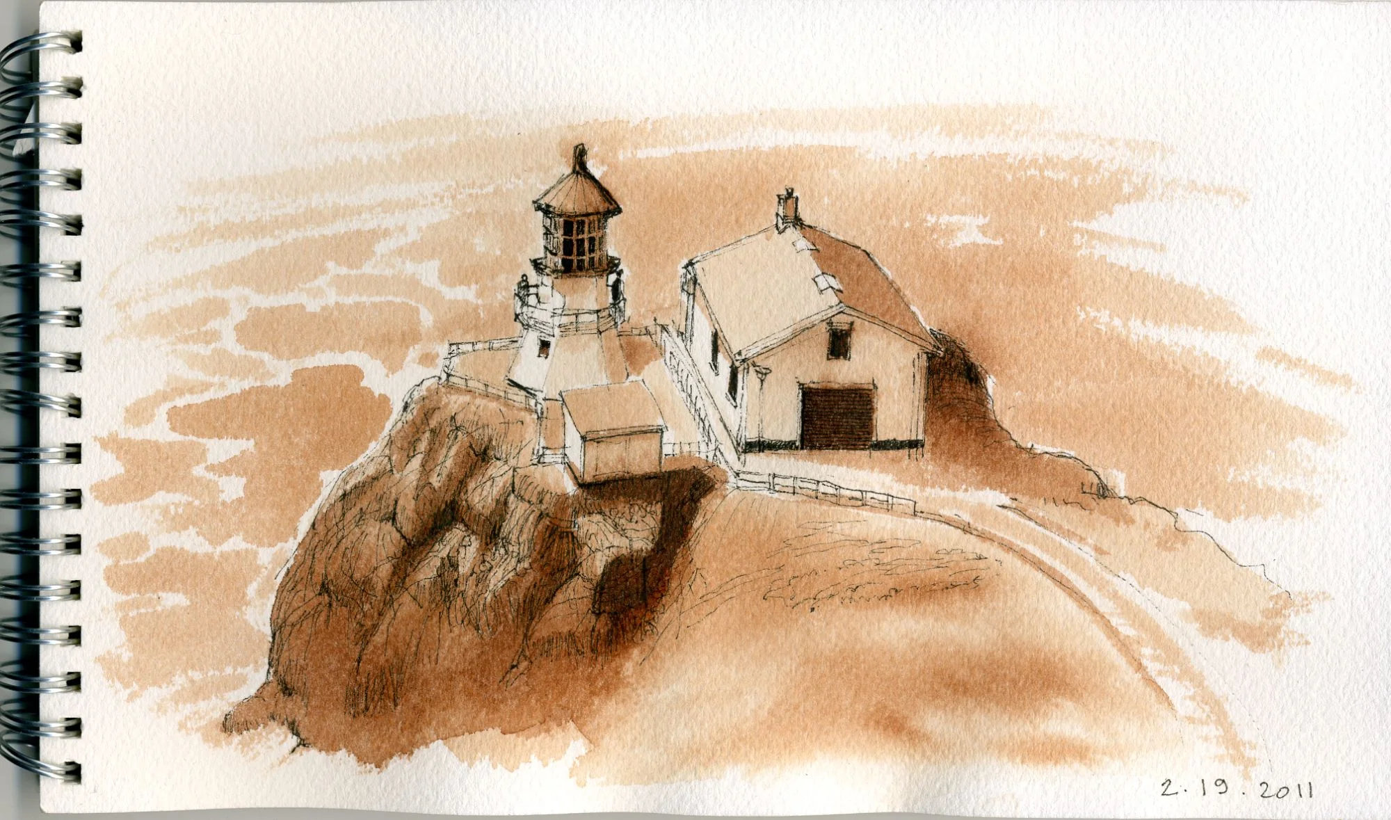 Point Reyes Lighthouse. PRNSA class catalog illustration. Pen and ink wash.