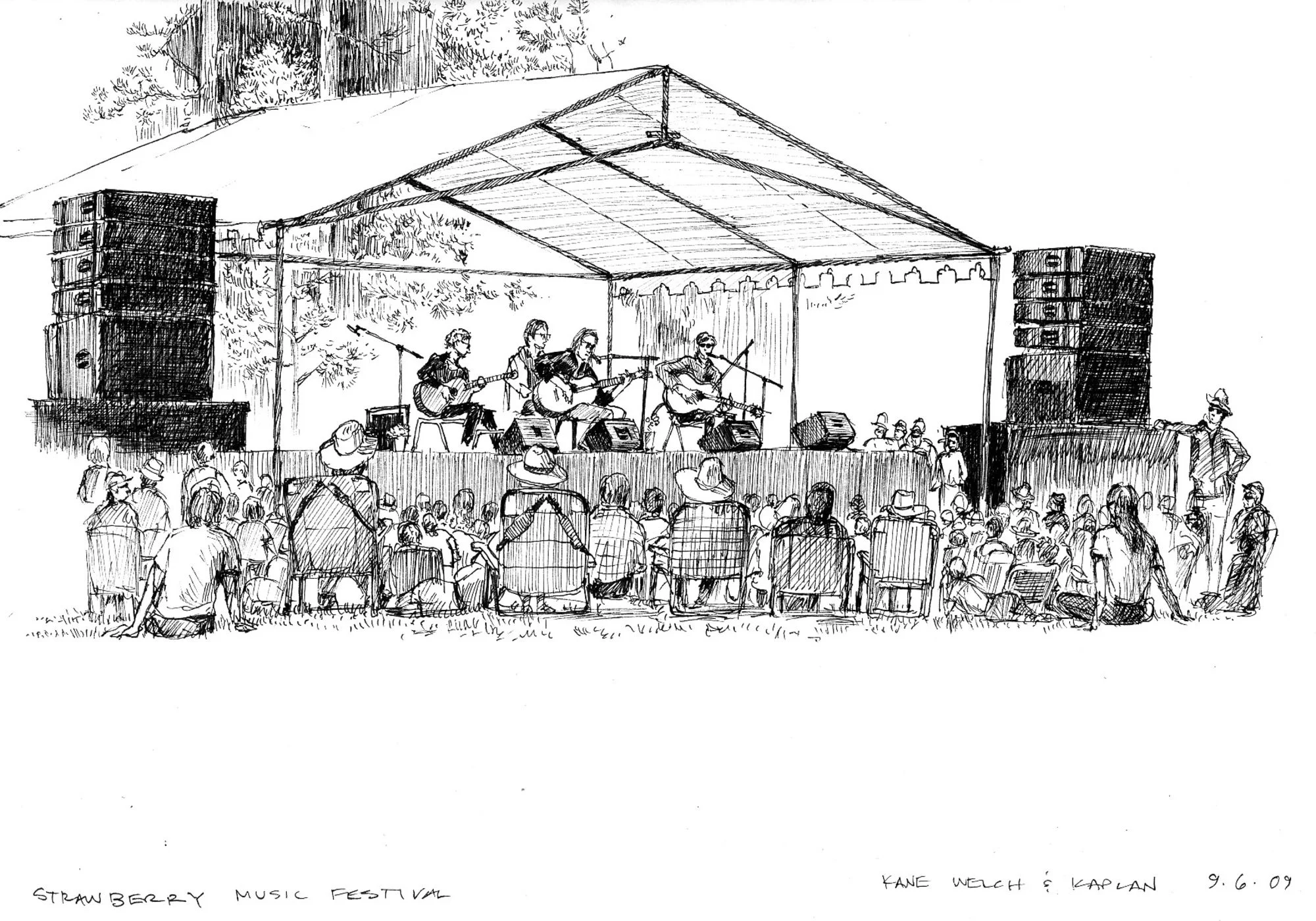 Strawberry Music Festival, Birch Lake Stage. Pen and ink. Personal sketchbook page.