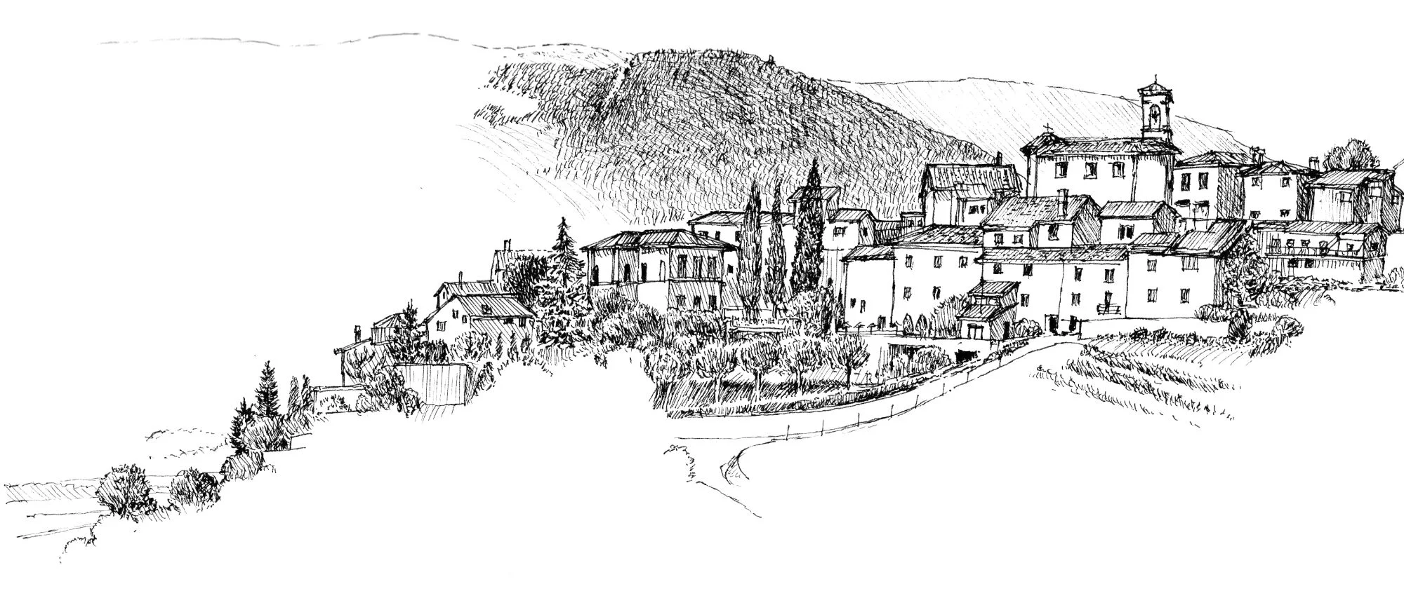 Hill town in Umbria, Italy. Sketchbook. Personal work. Pen and ink.