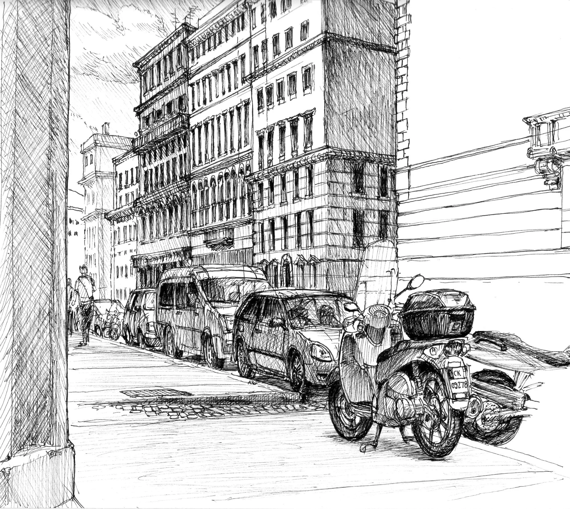 Via Cavour, Rome, Italy. Sketchbook. Personal work. Pen and ink.