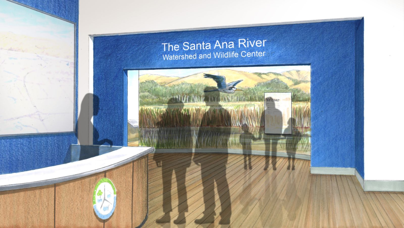 View inside the lobby at the visitor reception station. Exhibit Gallery entrance beyond.