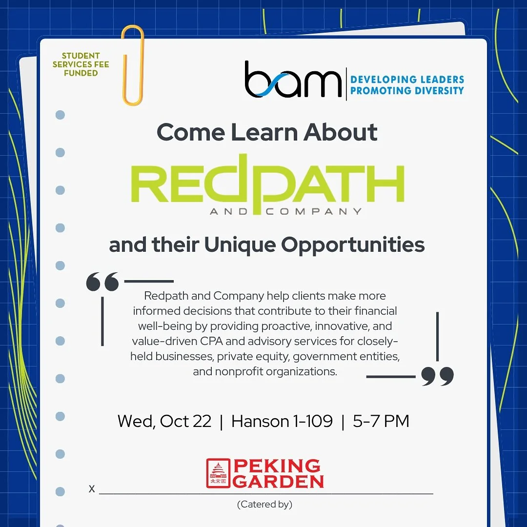 Join us next Wednesday for a Sponsor event with Redpath! Come to learn more about the company, any current opportunities, or to network with accounting/finance professionals! 

📅Wednesday, Oct 22
⏰5-7pm
📍Hanson 1-109

Open to all majors and student