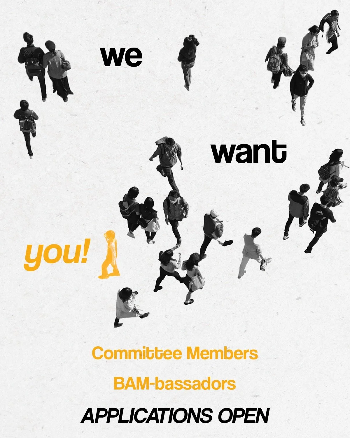 Be a part of our BAMily! 🐝 Our spring semester Committee and BAM-bassadors applications are now open!

If you are interested in learning more about the behind the scenes of event planning, gaining a valuable experience, and understanding the roles o