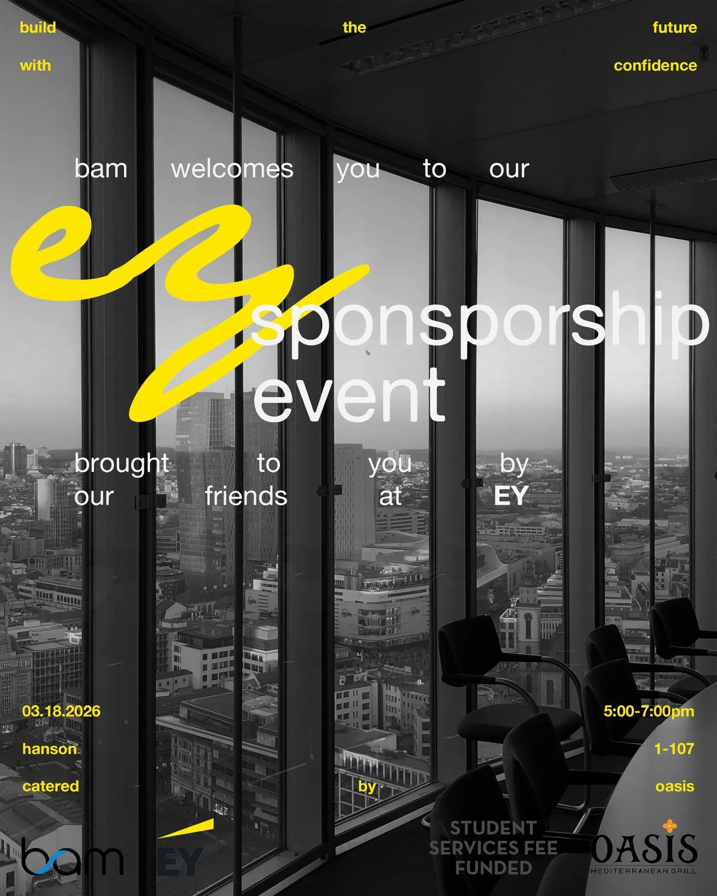 Join us for our first sponsor event of the semester THIS WED, Mar 18th, with EY!

Come learn more about this Big Four accounting firm, job opportunities, and network with our sponsor. 

📅: Wednesday, March 18
🕜: 5-7 PM
📍: Hanson Hall 1-107
🧆: Cat