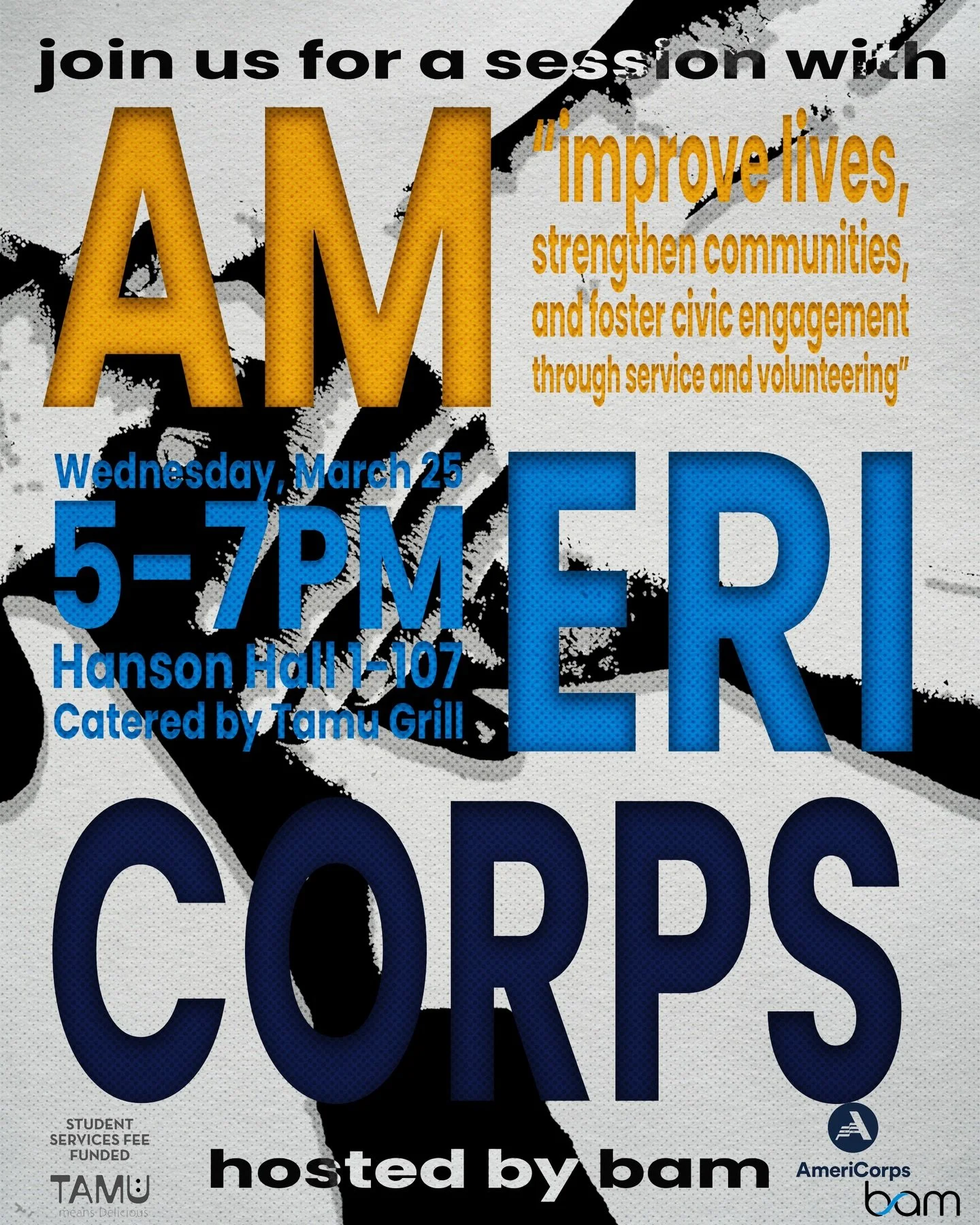 Come out to BAM&rsquo;s Americorps sponsor event of the semester THIS WED, Mar 25th!

Learn about Americorps, job opportunities, network with our sponsor, and more!

📅: Wednesday, March 25
🕥: 5-7 PM
📍: Hanson Hall 1-107
🍲: Catered by Tamu (SSF fu