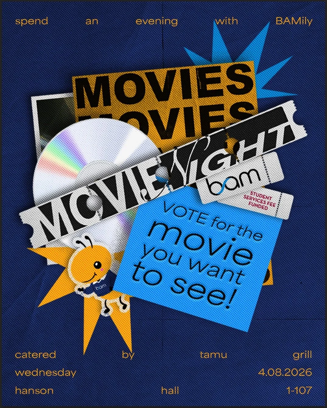 Want to watch a movie with friends? 🍿 Maybe need a place to get a bit of studying in? 📚 How about some free food? 🥘 BAM is hosting our Movie Night TOMORROW, Wednesday, Apr 8!

📅: TOMORROW, Apr 8
🕜: 5-7 PM
📍: Hanson Hall 1-107
🥘: Tamu (SSF Fund