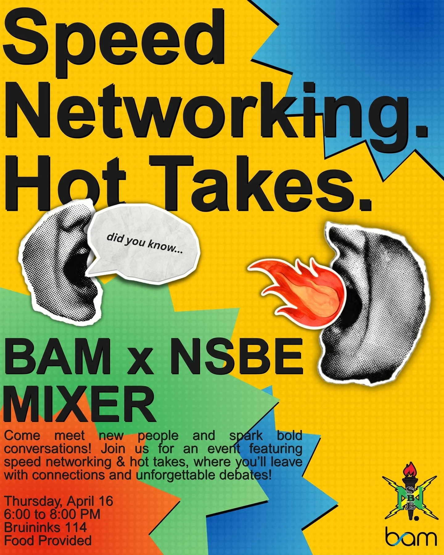 Join @bam4biz and @nsbe_umntc for some hot takes and speed networking! This collab mixer includes games, food, and tons of fun!

📆: Thursday, April 16
🕐: 6-8 PM
📍: Bruinicks 114

Food is provided! 😋