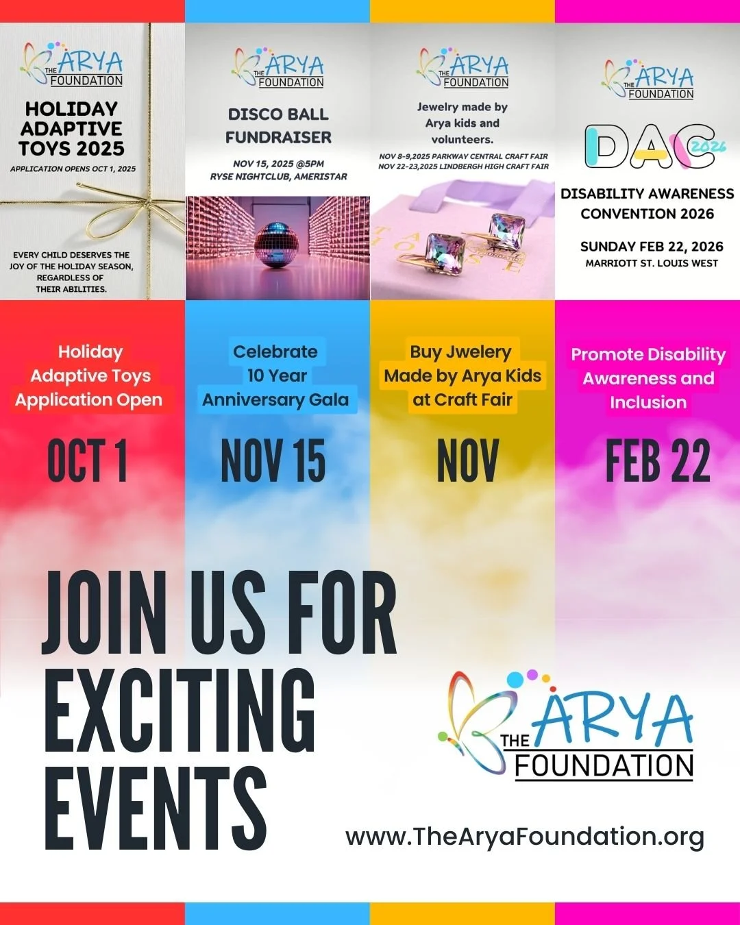 Get ready! The Arya Foundation has a full calendar of events for our community this season.

🗓️ Mark your calendars:
🎁 Oct 1: Our Adaptive Holiday Toy Program returns!
✨ Nov 15: Get your glam on at our Disco Ball Fundraiser!
💎 Holiday Craft Fair: 