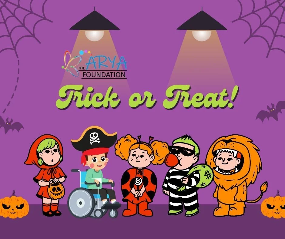 Want to make your house more inclusive for Halloween?
Keep on outdoor lights. Cracks or bumps in the sidewalk can make navigating a path especially tricky. Bright lights can help.
#TheAryaFoundation
#InclusiveHalloween