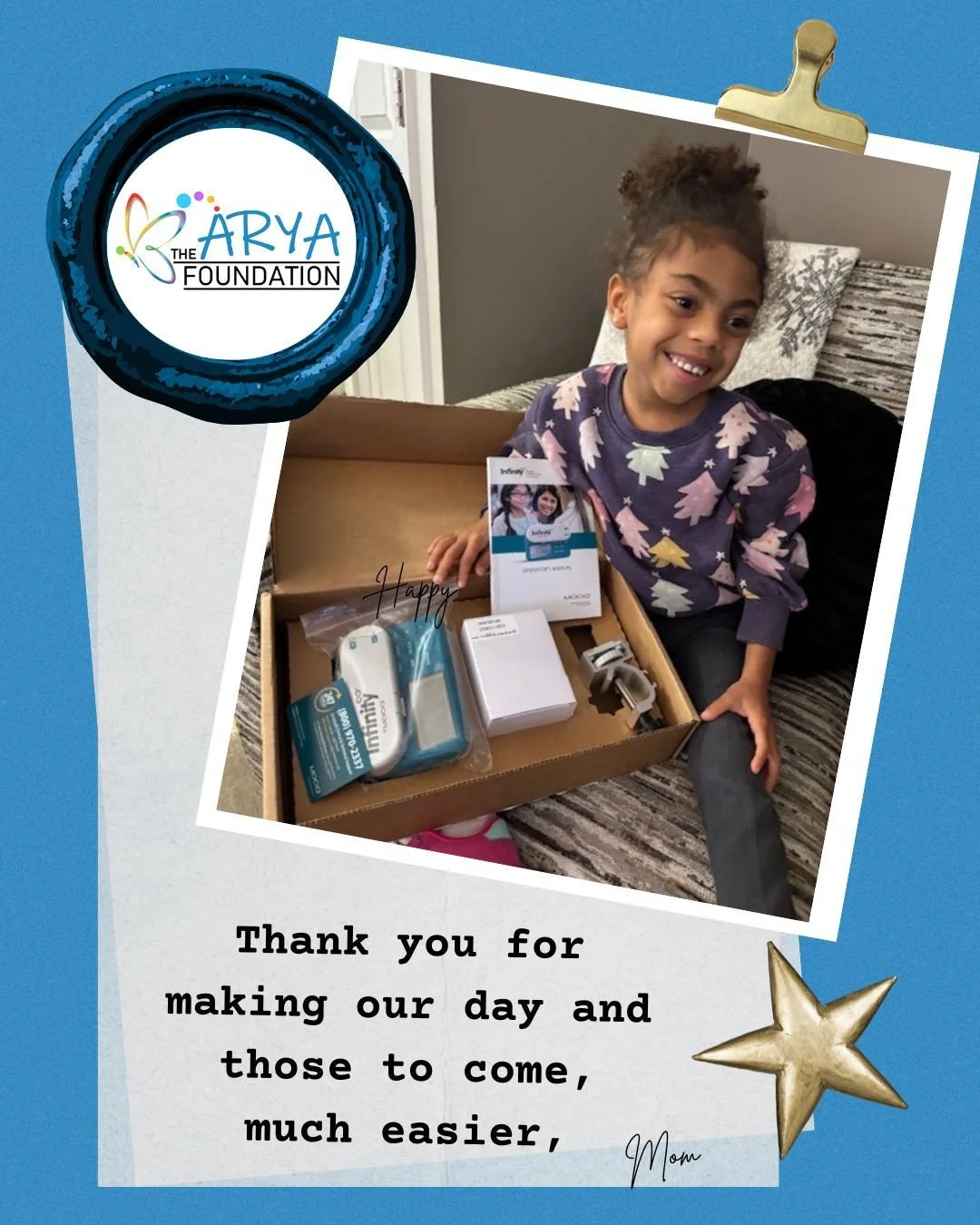 ✨ A Day Made Easier, Thanks to The Arya Foundation! ✨

The Arya Foundation is delighted to share a heartwarming success story from a mom.

"We want to thank you and express our sincere appreciation for granting our wish to have a designated feed