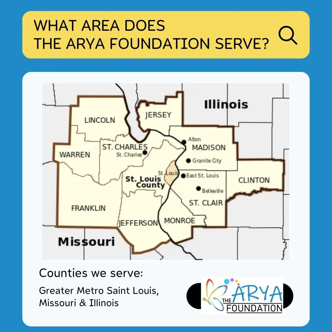 Community Focus: Serving Our Neighbors 🤝🏠

The Arya Foundation is proud to be a local resource dedicated to supporting families across the Greater St. Louis Region. We currently serve 11+ counties, providing essential adaptive equipment to children