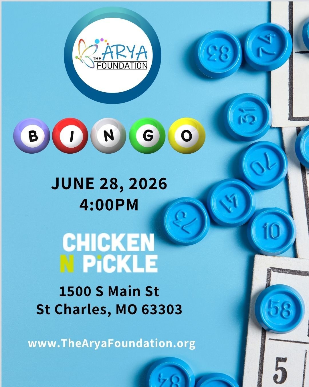 Get your daubers ready! 🎯 Join #TheAryaFoundation for a fun-filled afternoon of Bingo at @chickennpickle - St. Charles! 

Enjoy a complimentary Taco Feast 🌮, win cool prizes 🏆, and support a great cause. We are dedicated to turning challenges into
