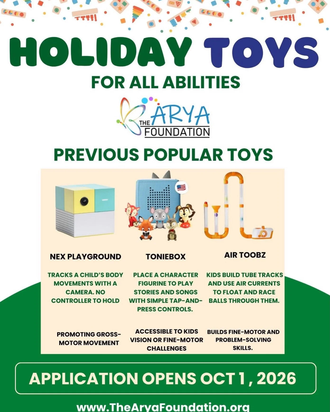 Did you know many mainstream toys are naturally accessible and fantastic for children with special needs? 🎁✨

Starting October 1st, The Arya Foundation&rsquo;s annual Holiday Toy Program is officially open! 

Every holiday season, we deliver tailore