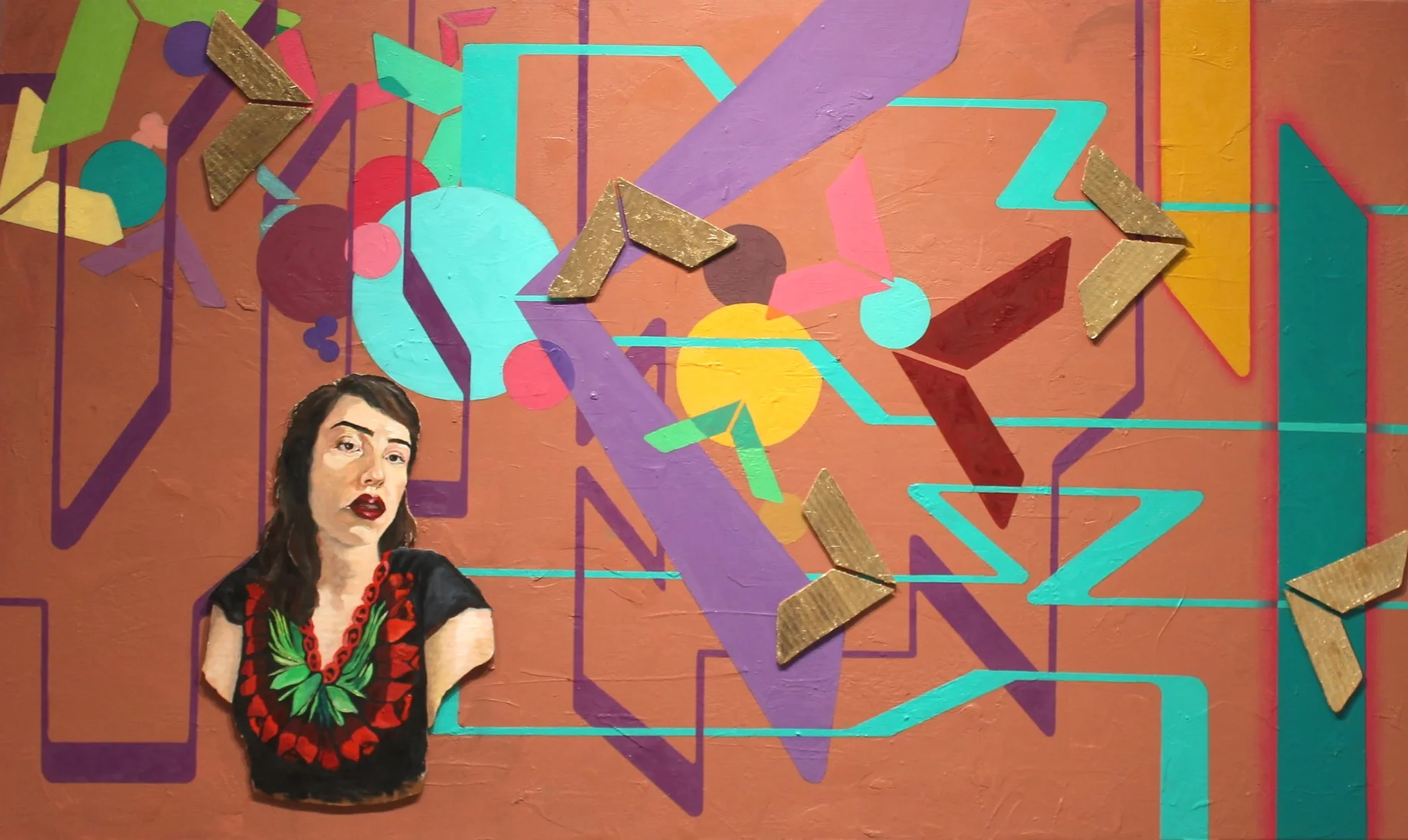 It's Her Ride (2018) 36"x60" Cardboard, Goldleaf and Oil on Canvas