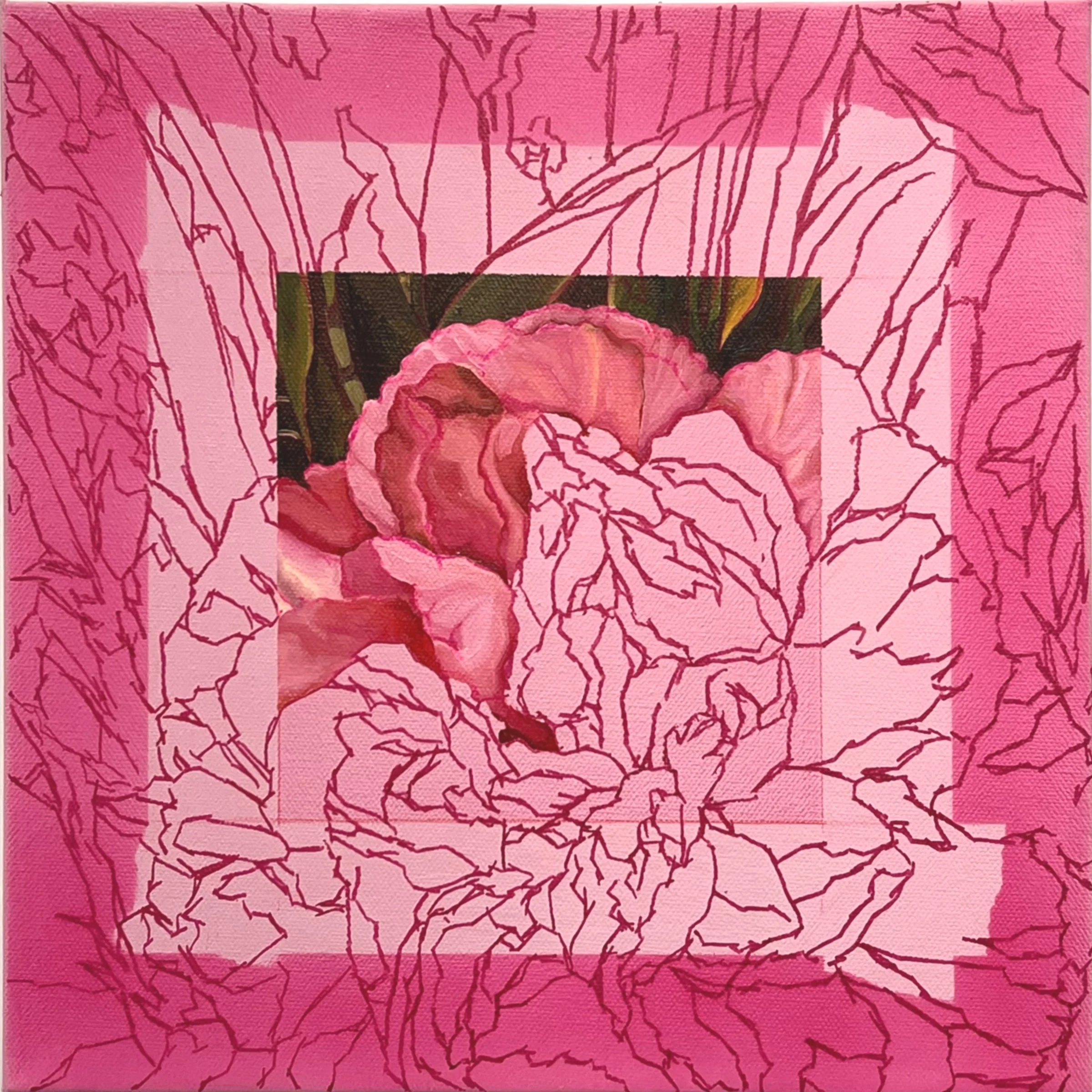 I used to HATE pink. (2025) 12”x12” Airbrush & Oil on Canvas