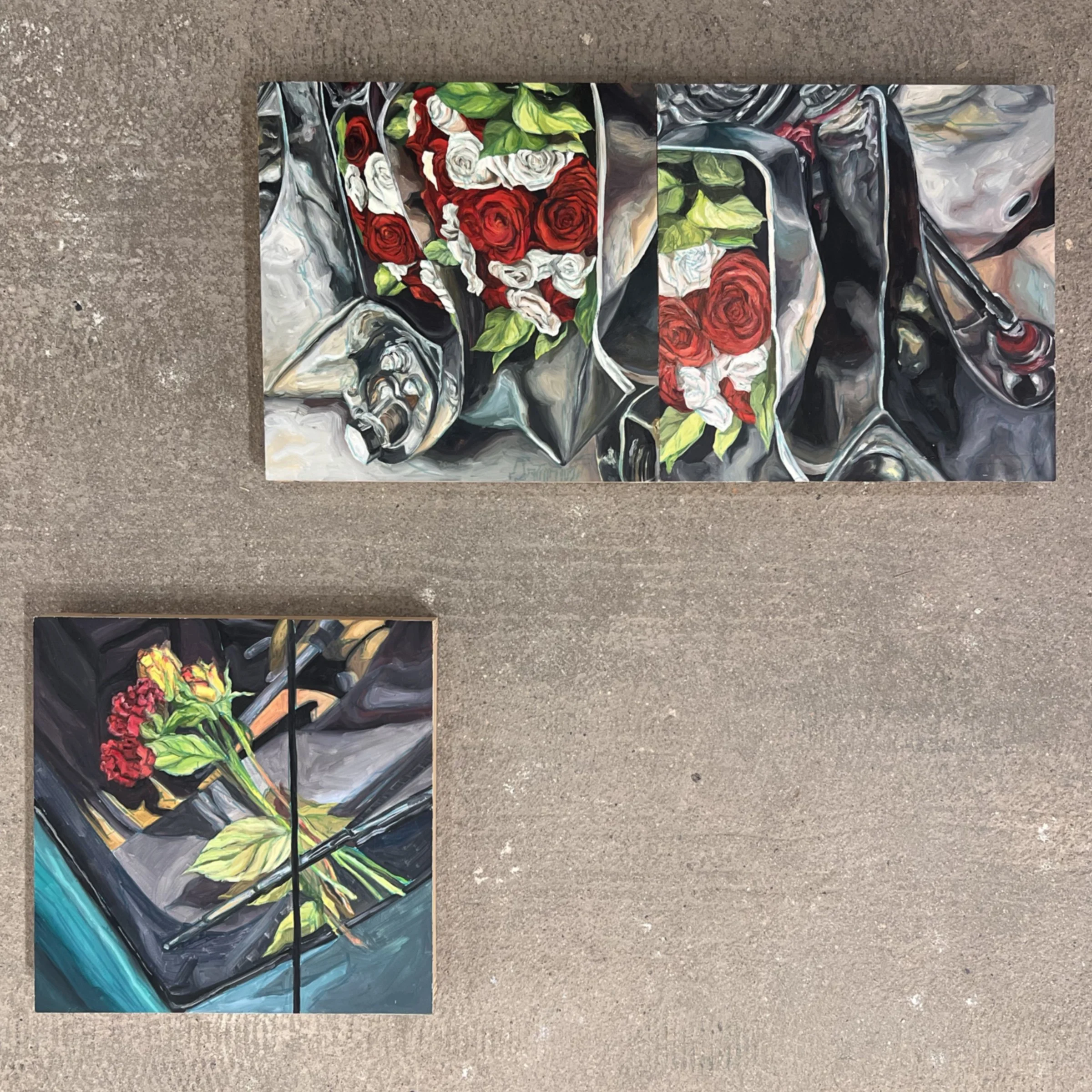 12% of Men (2025) 36”x36” Oil on Wooden Panels Triptych w/ Found Objects