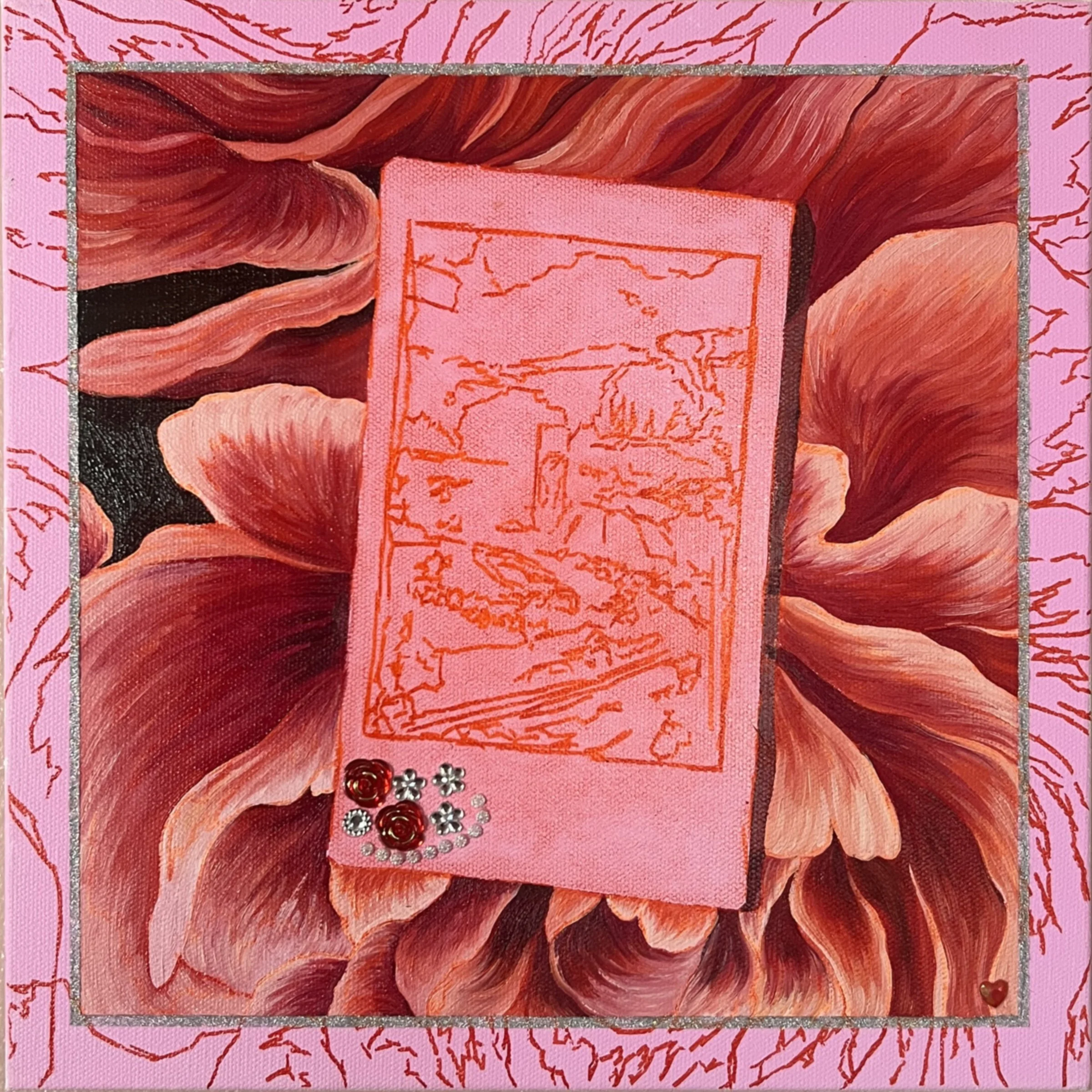 Memoria Encarnada (2025) 12”x12” Embellishments, Glitter, Oil & Sharpie on Canvas