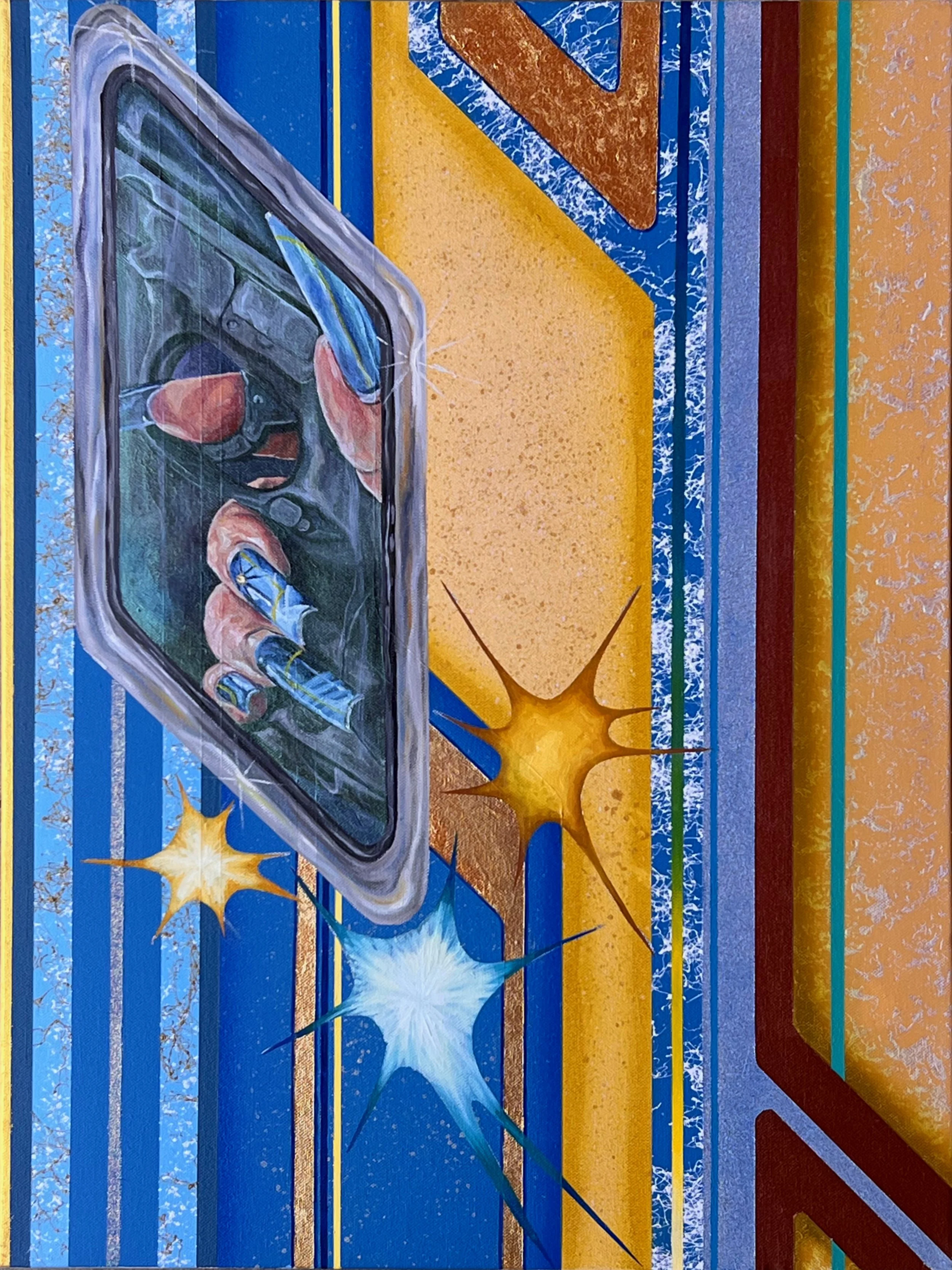 Paint Job No. 7 (2025) Airbrush, Acrylic, Aerosol, Glitter, Leaf & Oil on Canvas 18”x24”