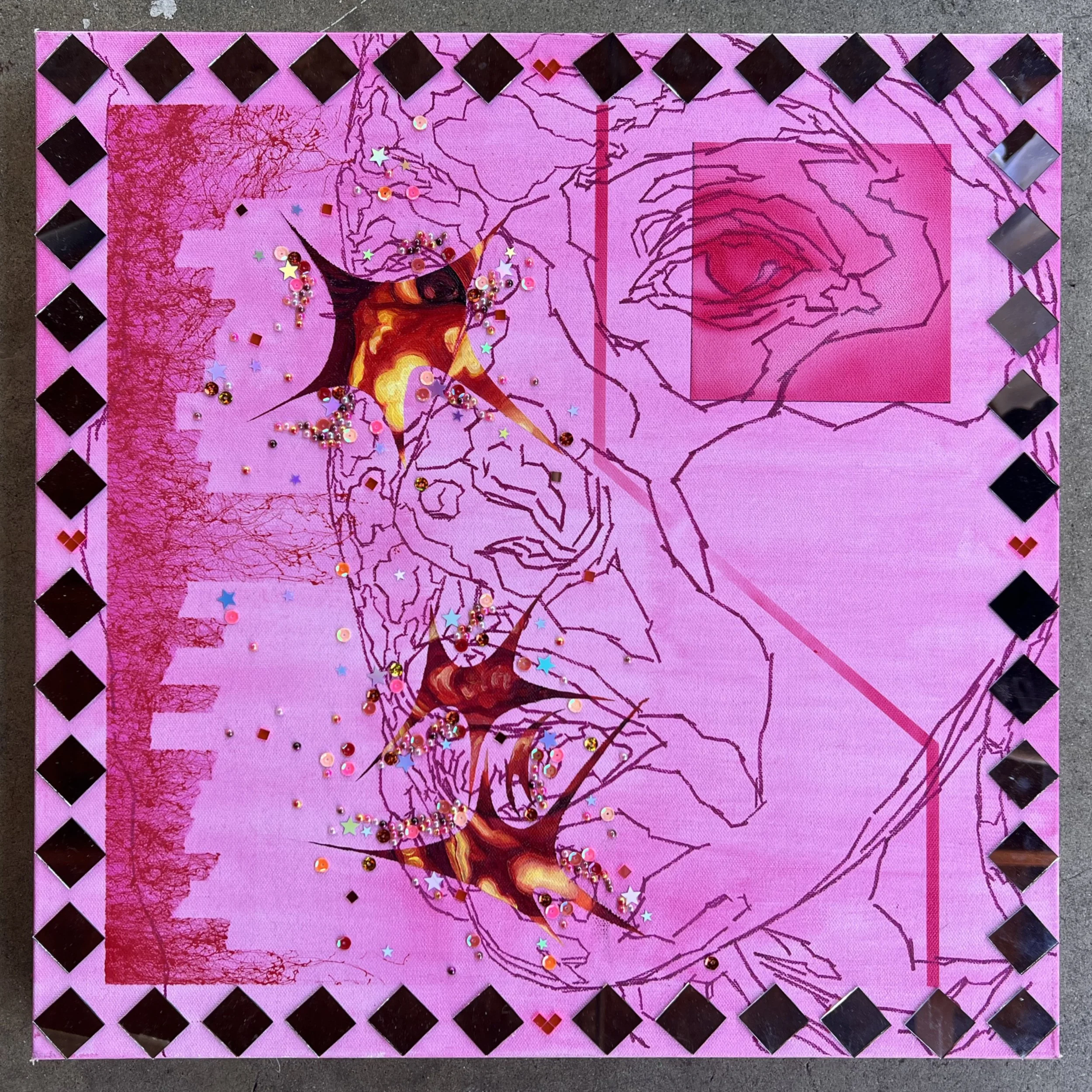 Wishing on a Star (2025) 20”x20” Airbrush, Aerosol, Disco Glass, Embellishments, Oil & Sequins on Canvas