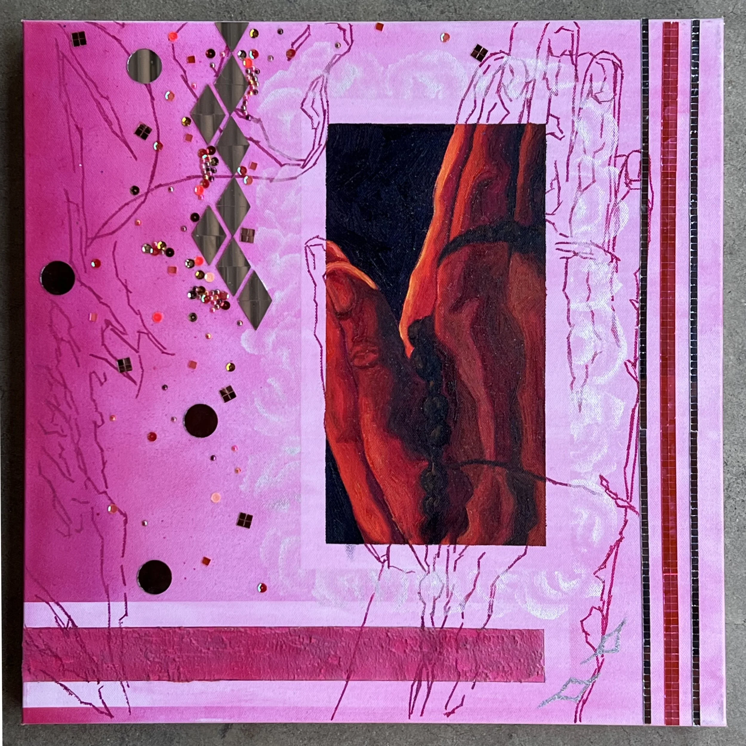 Requiem (2025) 20”x20” Airbrush, Disco Glass, Embellishments, Glitter, Pumice Stone, Sequins & Oil on Canvas