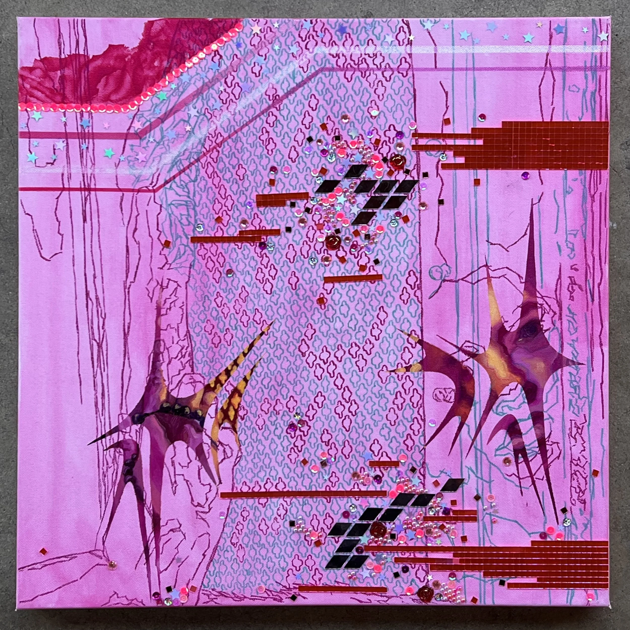 Repentance (2025) 20”x20” Airbrush, Disco Glass, Embellishments, Oil & Sequins on Canvas