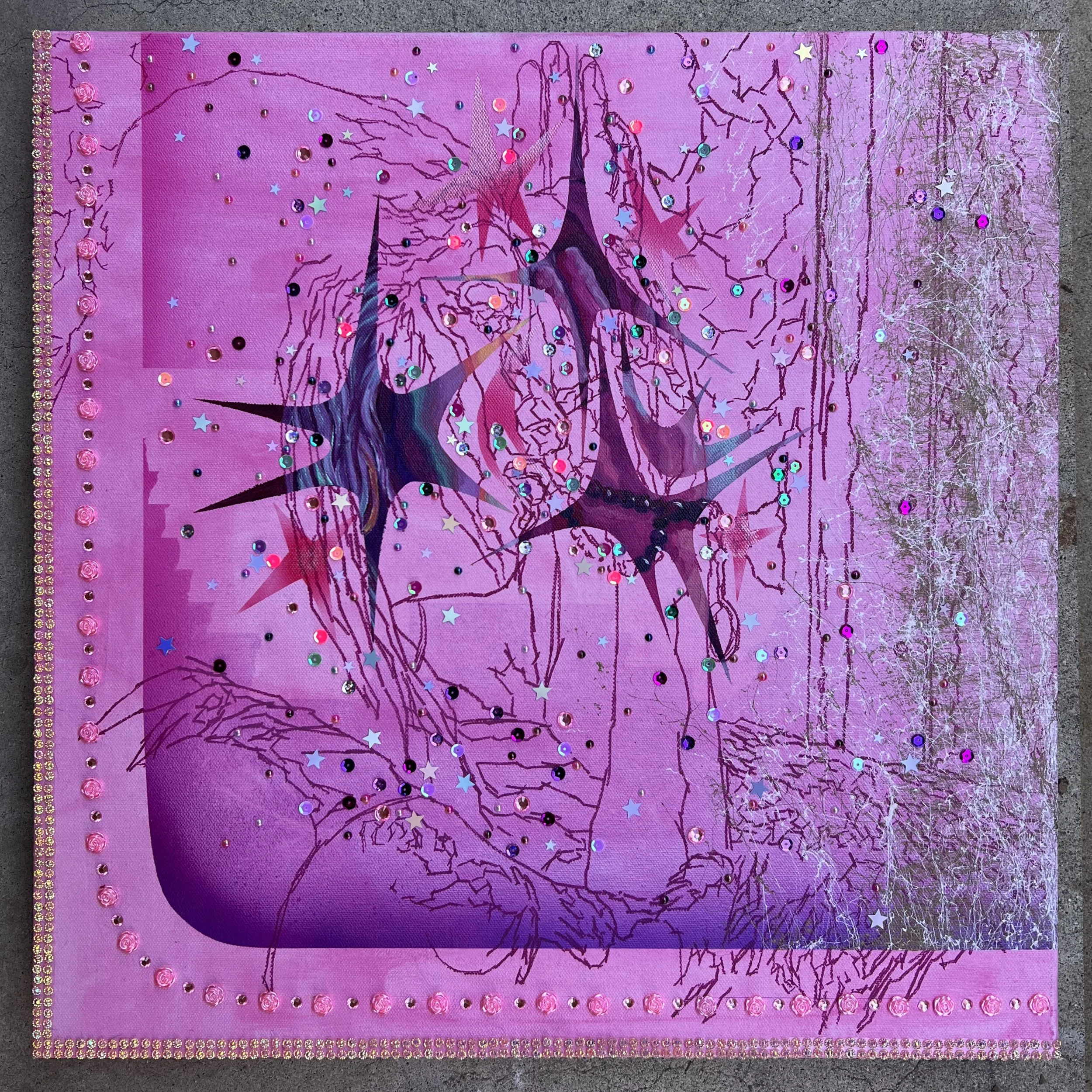 Lamentation (2025) 20”x20” Aerosol, Airbrush, Embellishments, Oil & Sequins on Canvas