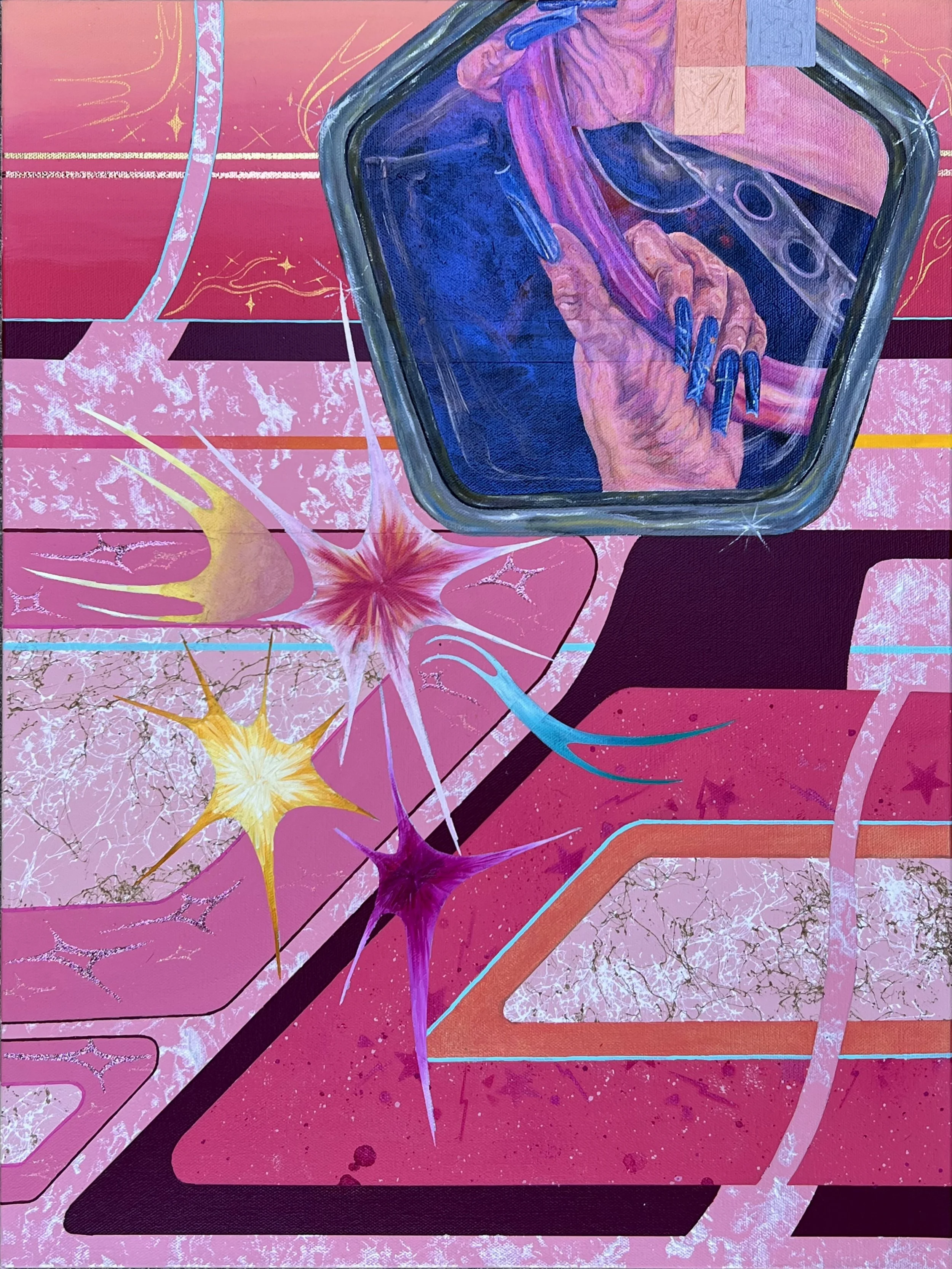 Paint Job No. 6 (2025) Airbrush, Acrylic, Aerosol, Glitter, Leaf & Oil on Canvas 18”x24”