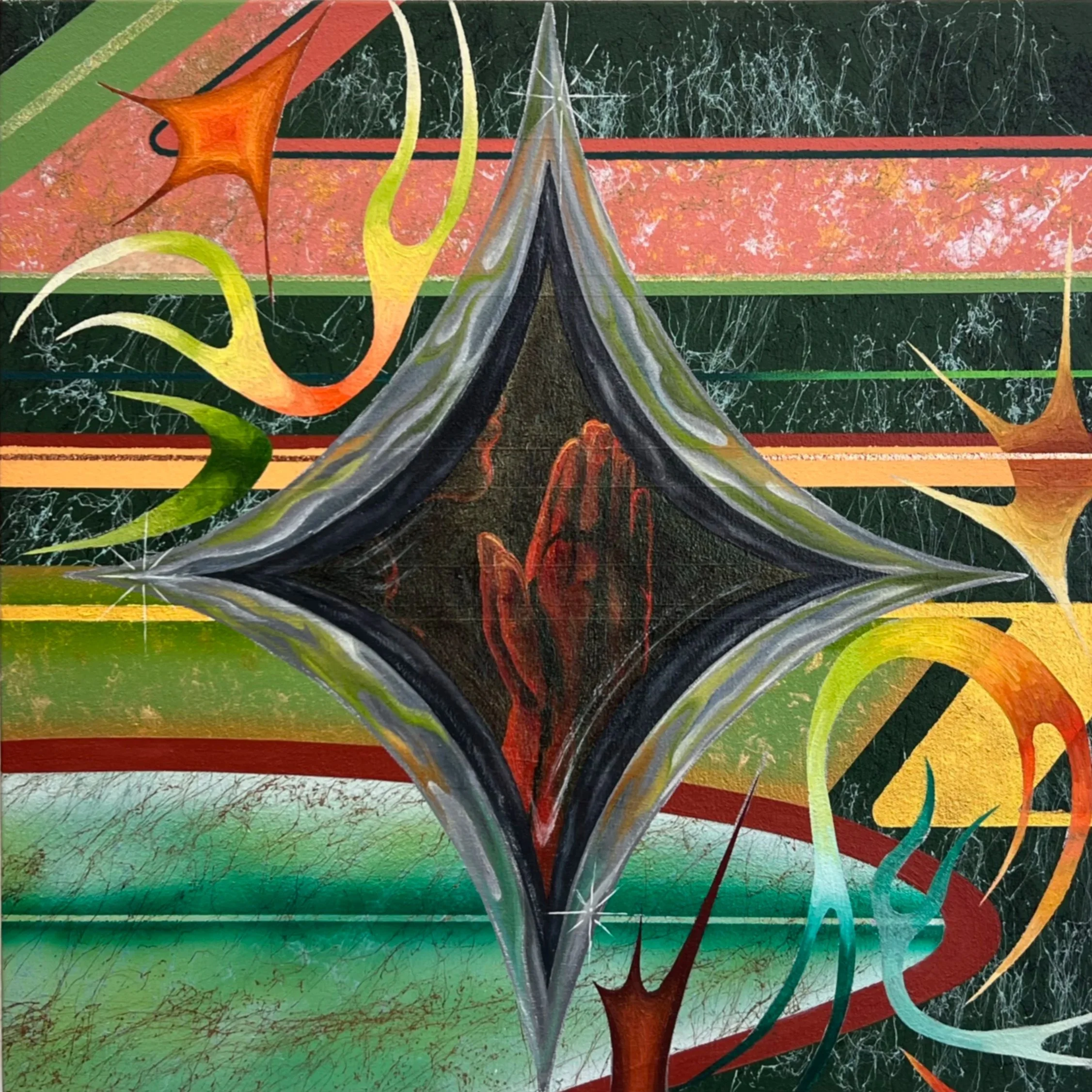 Paint Job No.4 (2025) 20”x20” Airbrush, Acrylic, Aerosol, Glitter, Leaf & Oil on Canvas