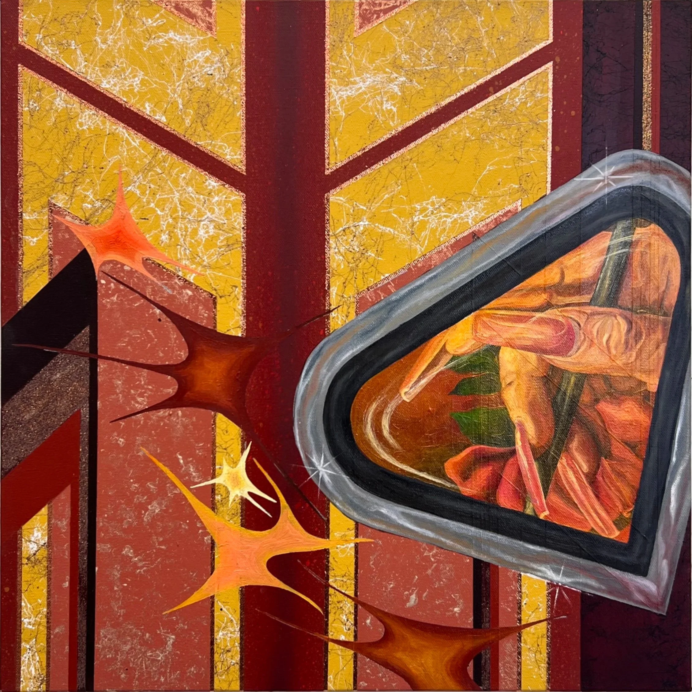 Paint Job No.5 (2025) 20”x20” Airbrush, Acrylic, Aerosol, Glitter, Leaf & Oil on Canvas