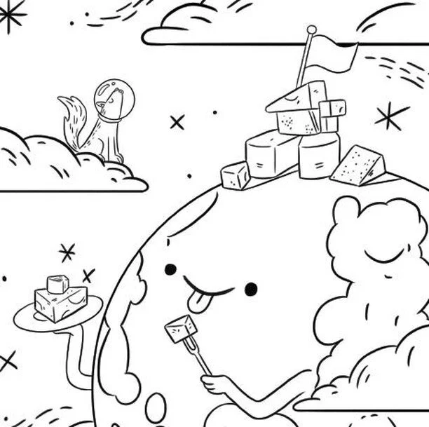 If you sign up for our Talu Treehouse newsletter this week, you'll receive our set of space colouring in sheets! Featuring Luna the astronaut, a space shuttle launch, and this moon eating cheese with a werewolf. Naturally. ⠀
.⠀
For those storytellers