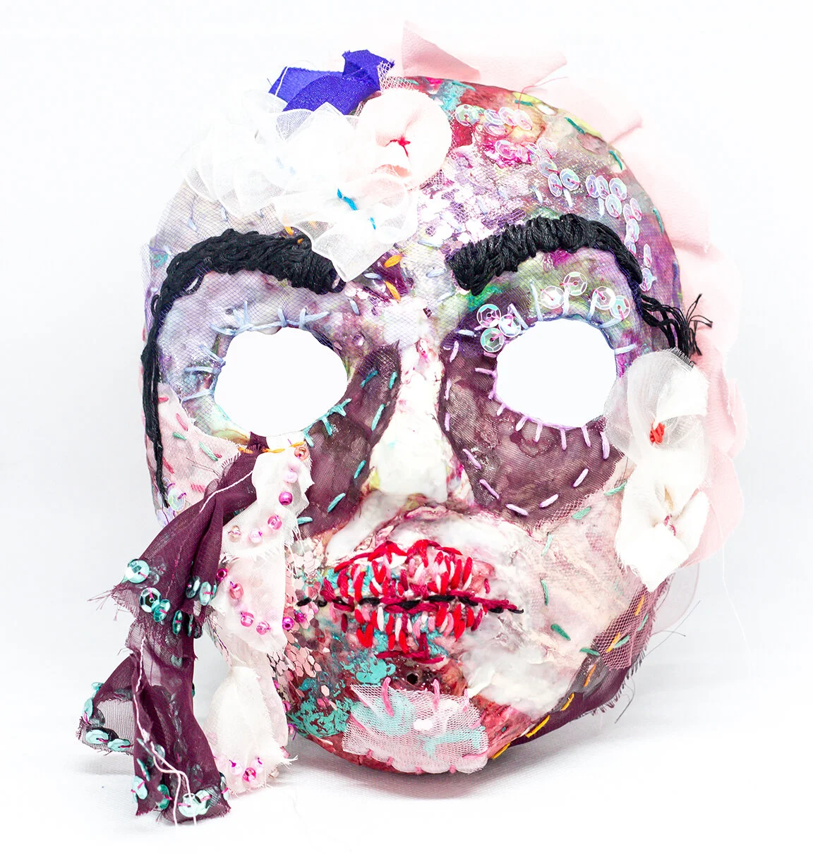 Bottled Teardrops- paper mache, acrylics, glitter, embroidery floss, and fabrics