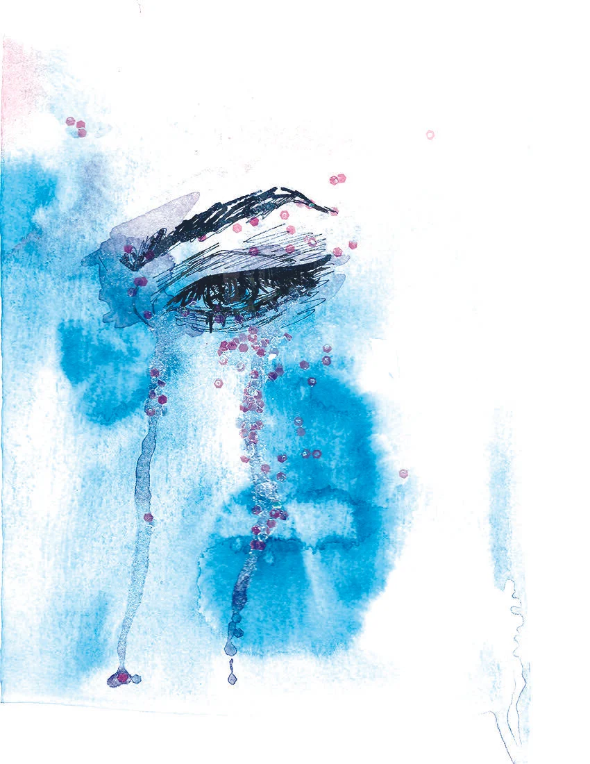 Cried My Eyes Out II- water, pen, gloss medium, glitter, rhinestones on paper