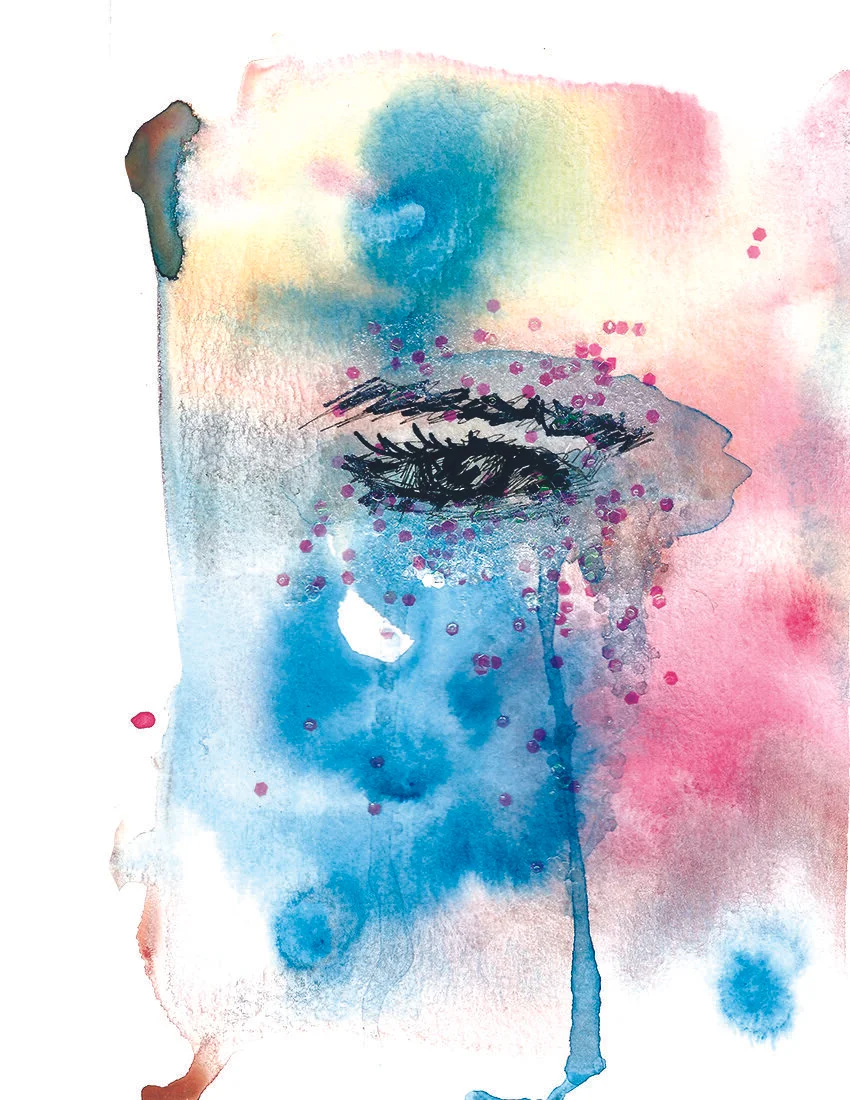 Cried My Eyes Out III- water, pen, gloss medium, glitter, rhinestones on paper