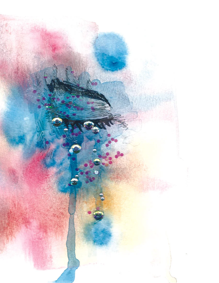 Cried My Eyes Out IV- water, pen, gloss medium, glitter, rhinestones on paper