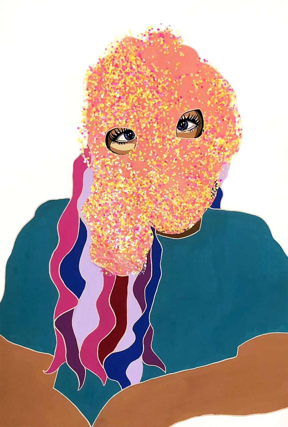 Masks Off III- gouache, glitter, gloss medium on watercolor paper