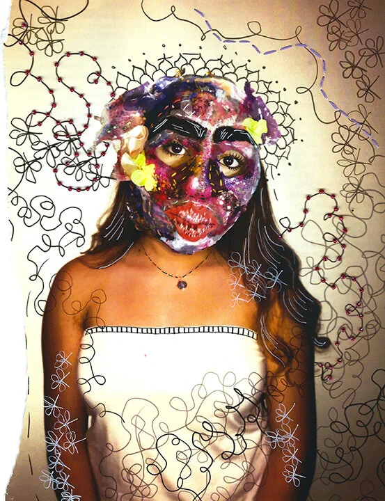Tuesday- print, beads, embroidery floss, markers